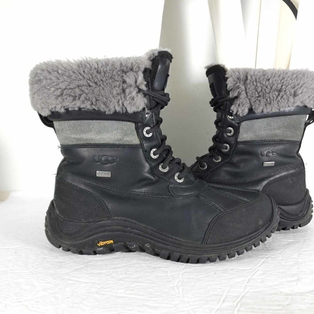 UGG Women's Adirondack Il US7 Black Leather Sheepskin Lace Up Winter Boots - Picture 9 of 12